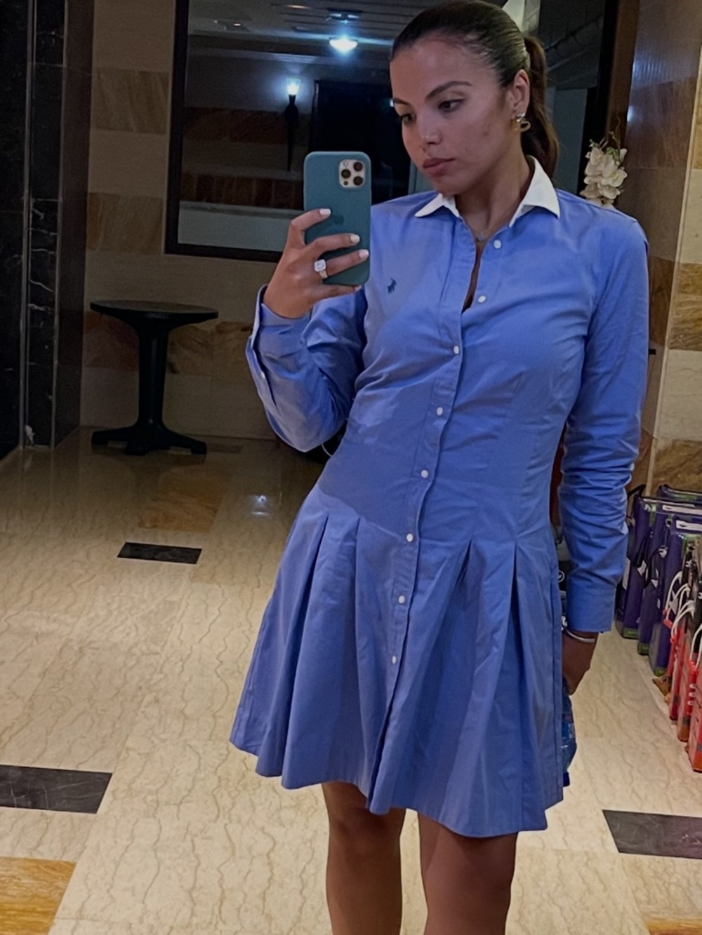 Polo by Ralph Lauren Blue Button-Front Shirt Dress with White Collar